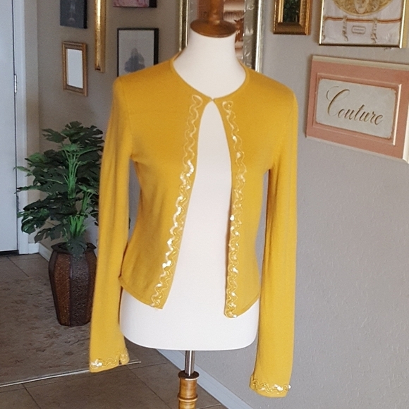 Moda International - 90's Silk Cashmere Blend Mustard & Sequin Cardigan‎ - Picture 2 of 5